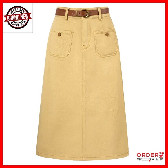 Dresses & Skirts - High Waisted Denim Skirt with Belt, Knee Length, Regular Fit
